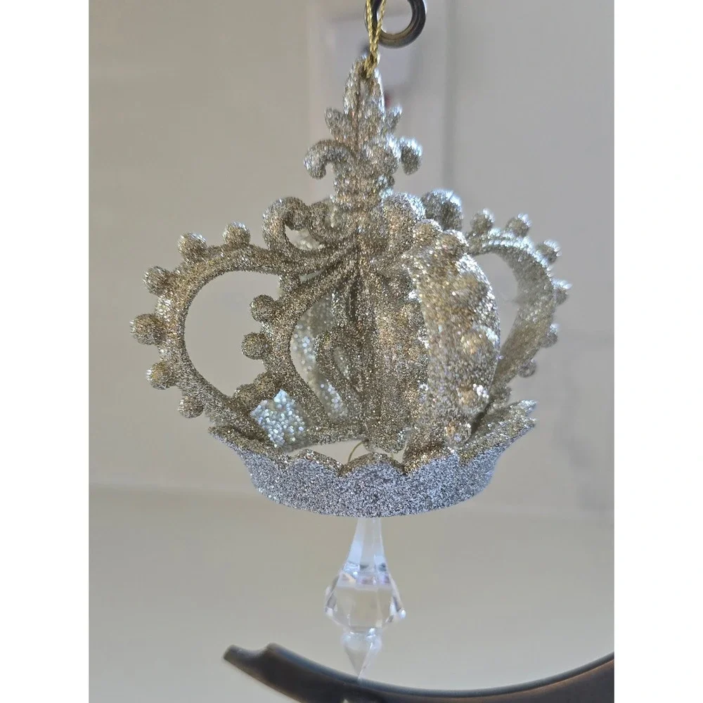 New Kurt Adler Gold Silver Glitter Crown Christmas Ornaments Crystals Set of 2